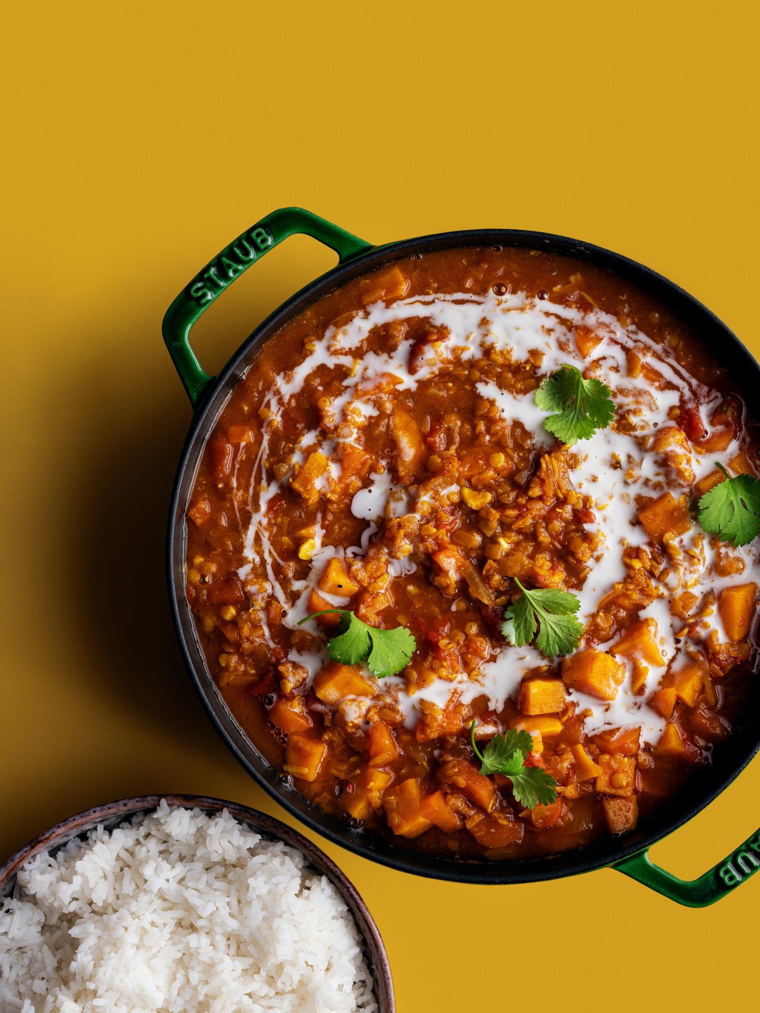 Lencsés tikka masala rizzsel