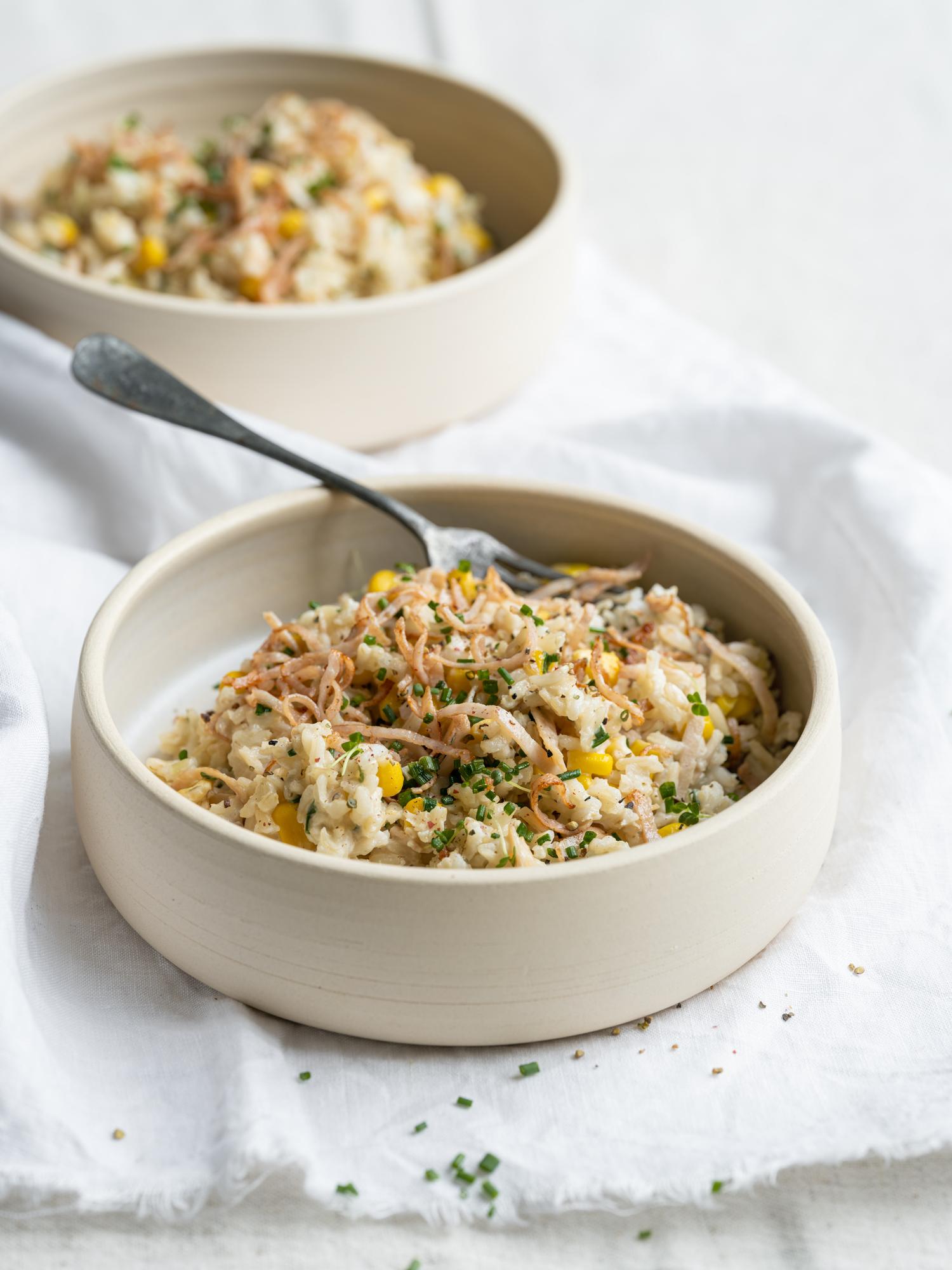 Rizottó kukoricával és csirkés sonkával