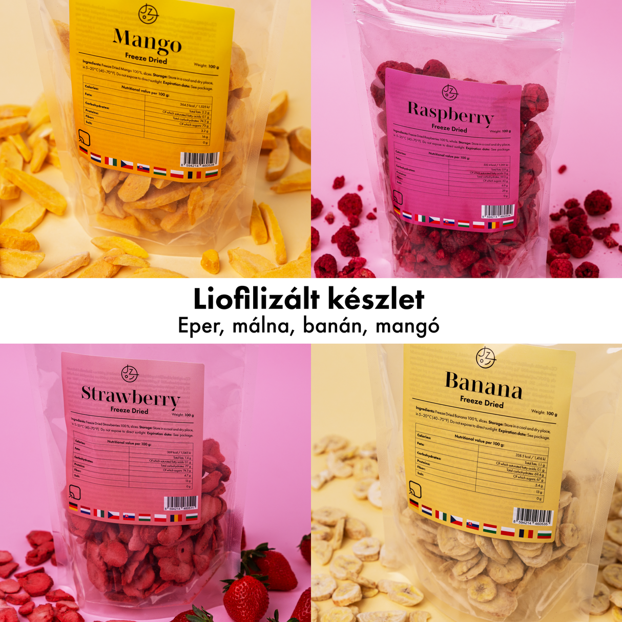 Fagyasztva szárított gyümölcskészlet – eper, málna, banán és mangó 🍌🥭🍓(Liofilizált)